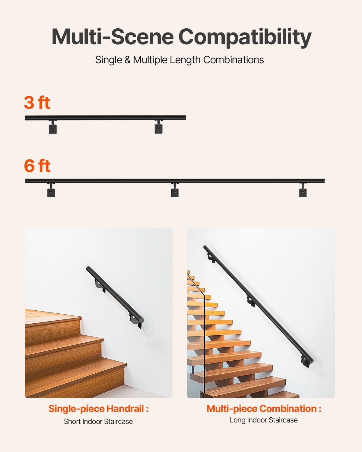 Wall Mounted Stair Handrail, 6ft Pipe Staircase Handrail, Black Galvanized Aluminum, 1.26 inch Pipe Diameter, Indoor&Outdoor Staircase Railing,Industrial Hand Rail for Steps,Security Baluster