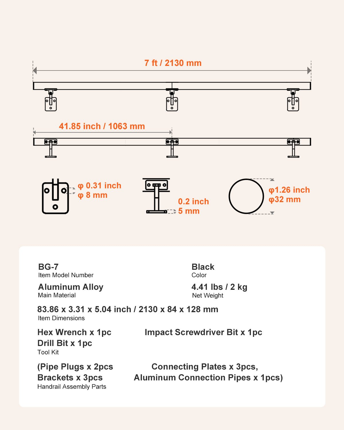 Wall Mounted Stair Handrail, 7ft Pipe Staircase Handrail, Black Galvanized Aluminum, 1.26 inch Pipe Diameter, Indoor&Outdoor Staircase Railing,Industrial Hand Rail for Steps,Security Baluster