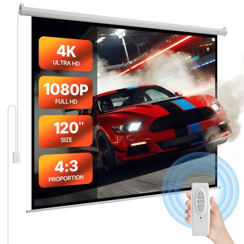 Motorized Projector Screen, 120 inch 4:3 1080 HD Electric Projector Screen, Wall Mounted Projection Dispaly Projector with Remote Control, Automatic Movie Screen for Family Home Office Theater