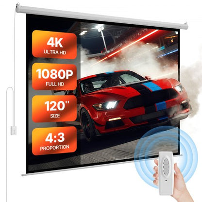 Motorized Projector Screen, 120 inch 4:3 1080 HD Electric Projector Screen, Wall Mounted Projection Dispaly Projector with Remote Control, Automatic Movie Screen for Family Home Office Theater