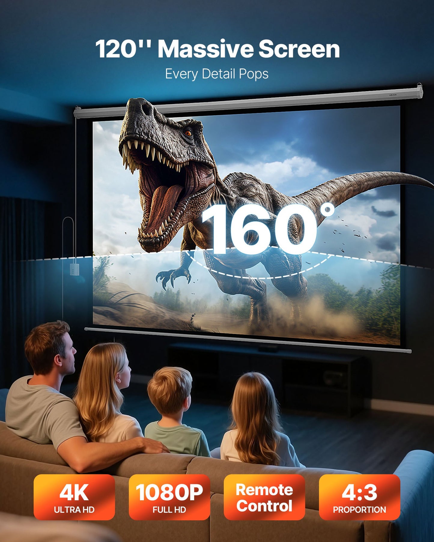 Motorized Projector Screen, 120 inch 4:3 1080 HD Electric Projector Screen, Wall Mounted Projection Dispaly Projector with Remote Control, Automatic Movie Screen for Family Home Office Theater