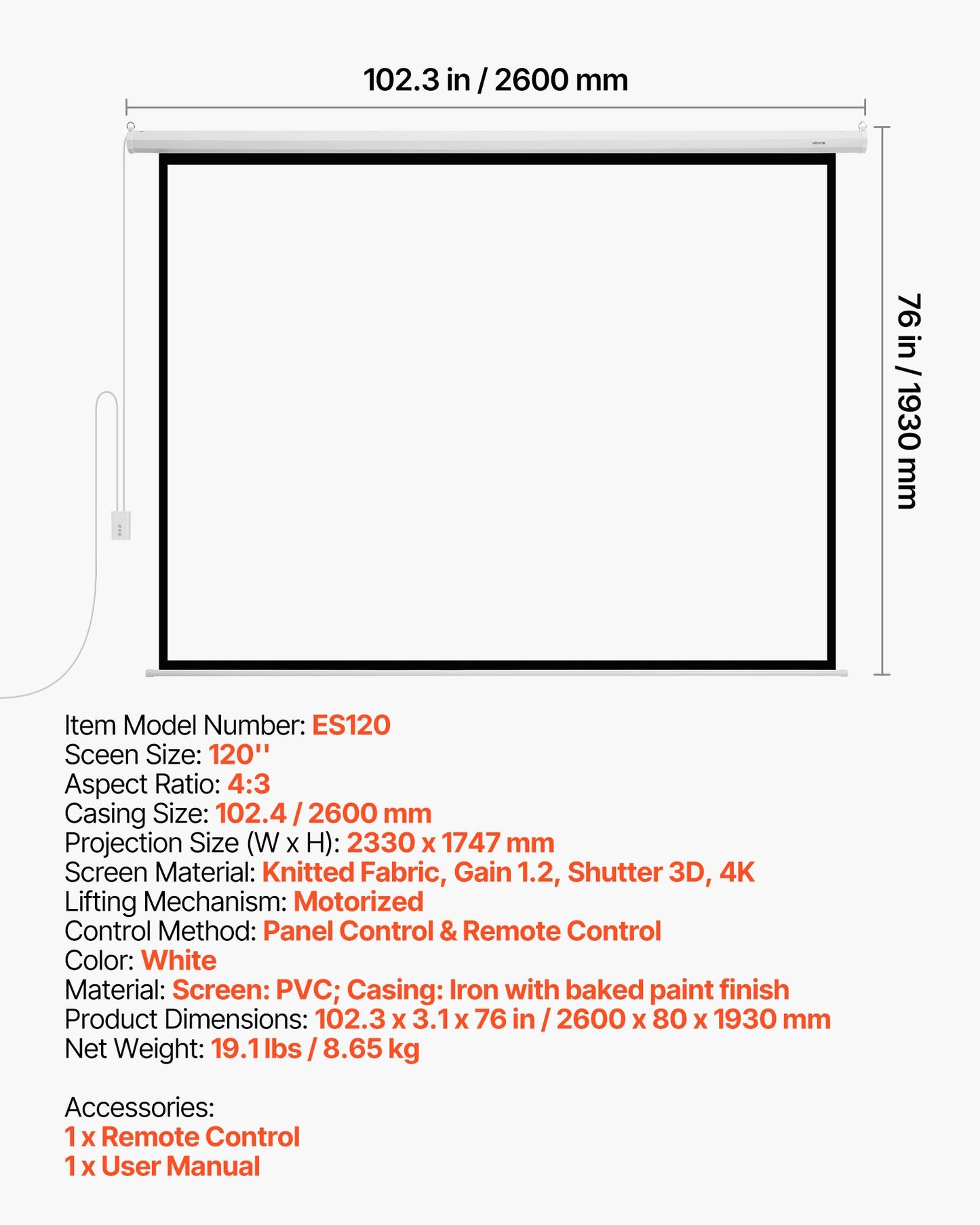 Motorized Projector Screen, 120 inch 4:3 1080 HD Electric Projector Screen, Wall Mounted Projection Dispaly Projector with Remote Control, Automatic Movie Screen for Family Home Office Theater