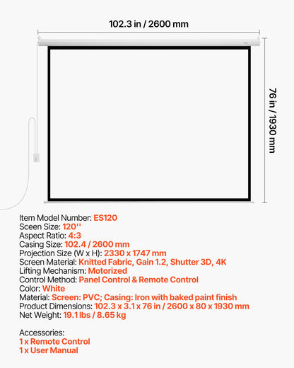 Motorized Projector Screen, 120 inch 4:3 1080 HD Electric Projector Screen, Wall Mounted Projection Dispaly Projector with Remote Control, Automatic Movie Screen for Family Home Office Theater