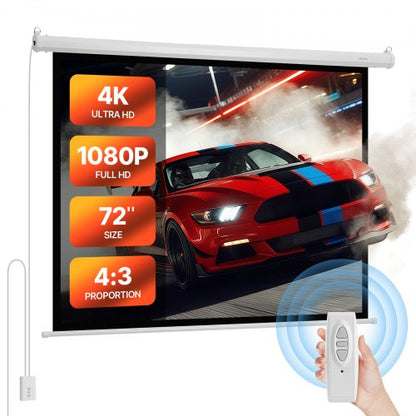 Motorized Projector Screen, 72 inch 4:3 1080 HD Electric Projection Screen, Wall Mounted Projection Dispaly Projector with Remote Control, Automatic Movie Screen for Family Home Office Theater
