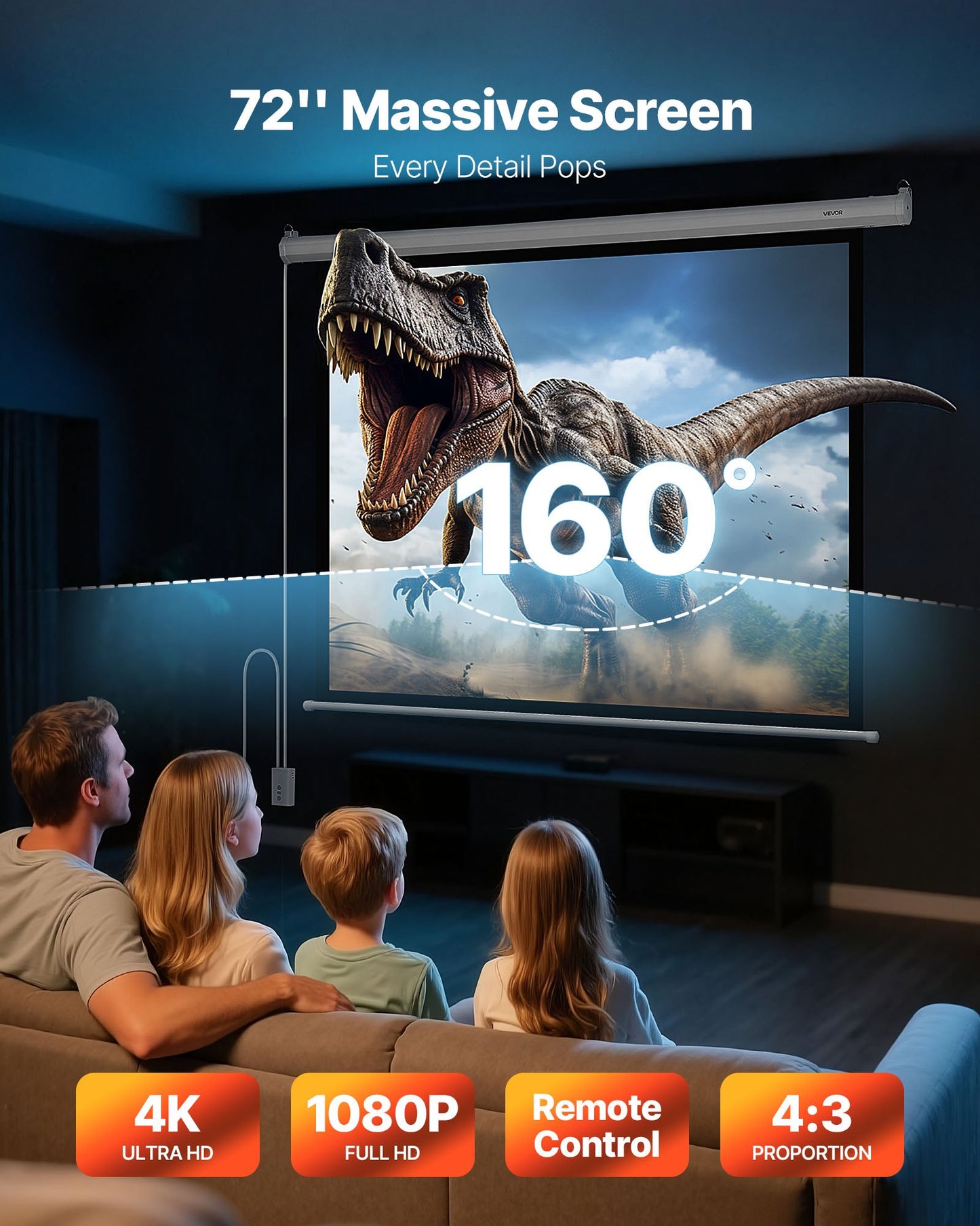 Motorized Projector Screen, 72 inch 4:3 1080 HD Electric Projection Screen, Wall Mounted Projection Dispaly Projector with Remote Control, Automatic Movie Screen for Family Home Office Theater