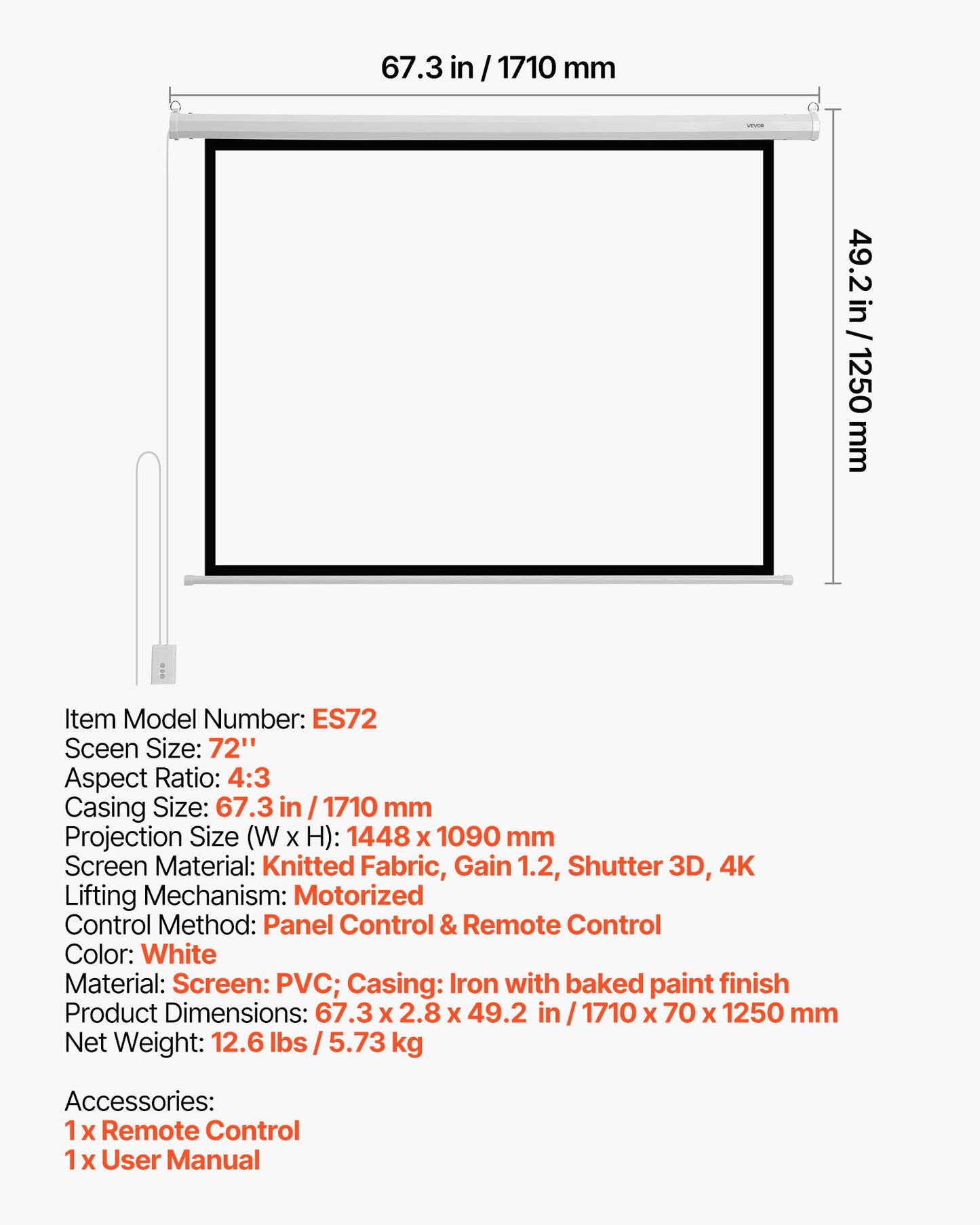 Motorized Projector Screen, 72 inch 4:3 1080 HD Electric Projection Screen, Wall Mounted Projection Dispaly Projector with Remote Control, Automatic Movie Screen for Family Home Office Theater