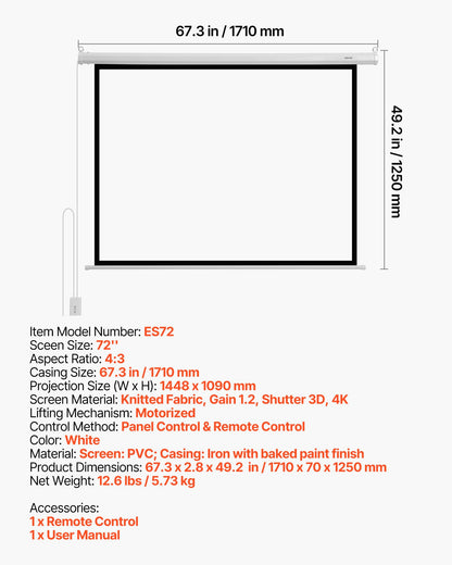 Motorized Projector Screen, 72 inch 4:3 1080 HD Electric Projection Screen, Wall Mounted Projection Dispaly Projector with Remote Control, Automatic Movie Screen for Family Home Office Theater