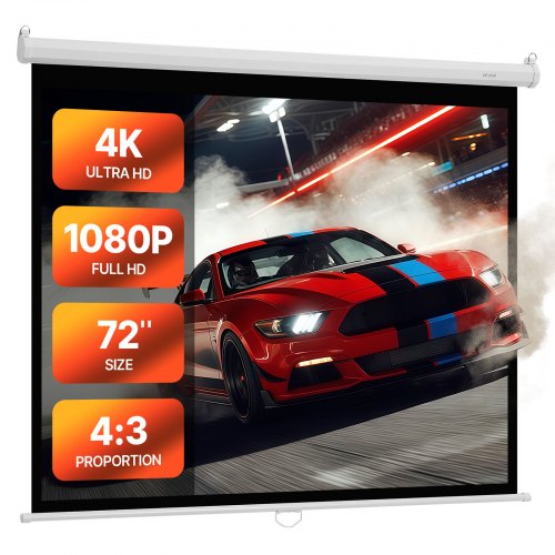 Manual Projector Screen, 72 inch 4:3 4K 1080 HD Retractable Pull Down Projector Screen, Wall Mounted Movie Projection with Pull Rope, Portable Display Projectoin for Family Home Office Theater