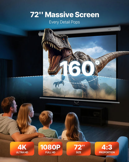 Manual Projector Screen, 72 inch 4:3 4K 1080 HD Retractable Pull Down Projector Screen, Wall Mounted Movie Projection with Pull Rope, Portable Display Projectoin for Family Home Office Theater