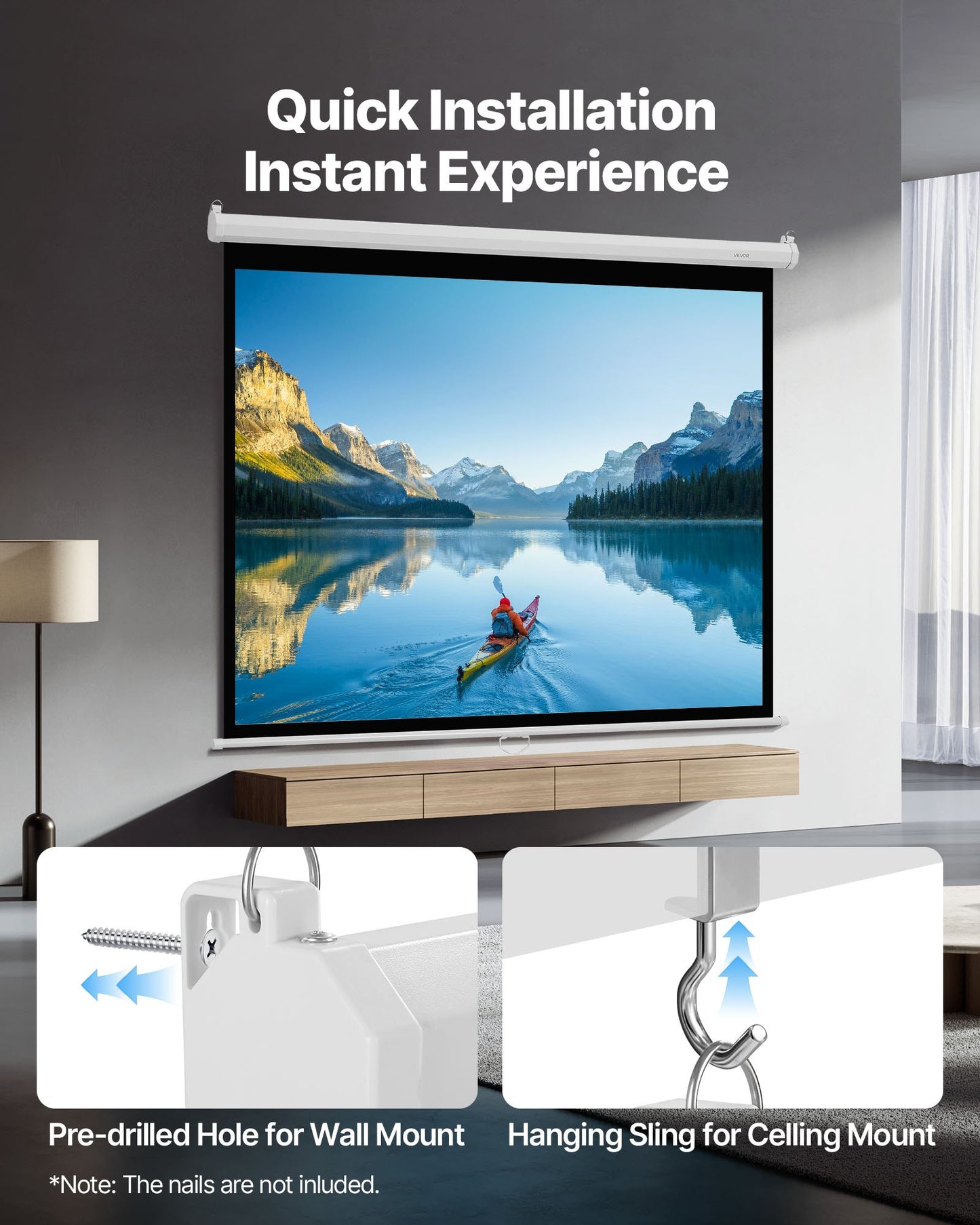 Manual Projector Screen, 72 inch 4:3 4K 1080 HD Retractable Pull Down Projector Screen, Wall Mounted Movie Projection with Pull Rope, Portable Display Projectoin for Family Home Office Theater