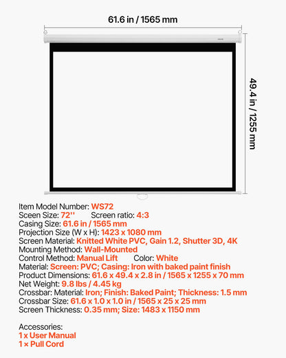 Manual Projector Screen, 72 inch 4:3 4K 1080 HD Retractable Pull Down Projector Screen, Wall Mounted Movie Projection with Pull Rope, Portable Display Projectoin for Family Home Office Theater