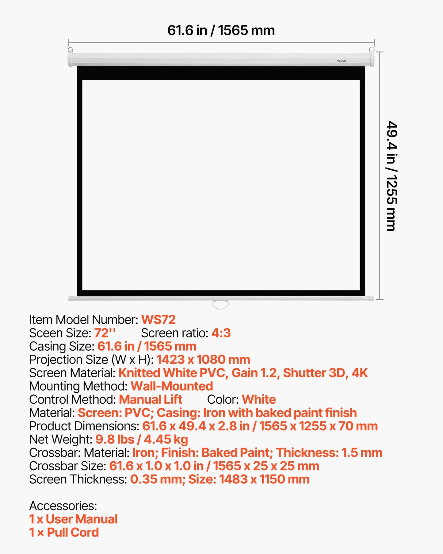 Manual Projector Screen, 72 inch 4:3 4K 1080 HD Retractable Pull Down Projector Screen, Wall Mounted Movie Projection with Pull Rope, Portable Display Projectoin for Family Home Office Theater