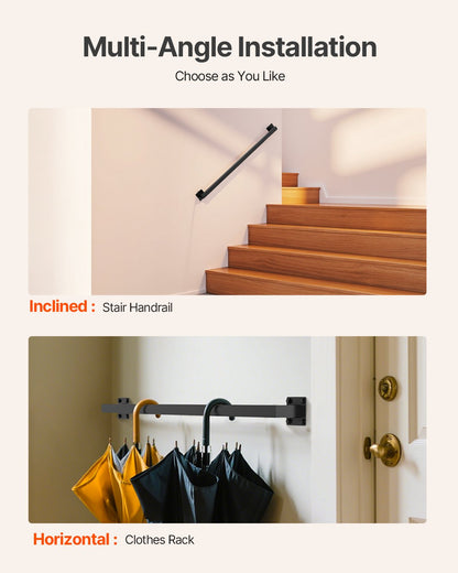 Wall Mounted Stair Handrail, 3ft Black Iron Staircase Handrail Indoor, 250lbs Load Capacity, Industrial Railing Hand Rail for Steps, Square Tube for Loft Porch Deck, 2 Sections