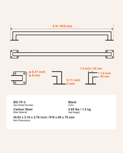Wall Mounted Stair Handrail, 3ft Black Iron Staircase Handrail Indoor, 250lbs Load Capacity, Industrial Railing Hand Rail for Steps, Square Tube for Loft Porch Deck, 2 Sections