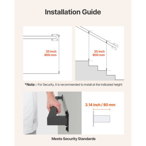 1215 mm wall mounted stair railing black iron 113 kg load square tube | EU