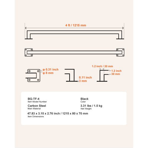1215 mm wall mounted stair railing black iron 113 kg load square tube | EU