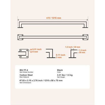 1215 mm wall mounted stair railing black iron 113 kg load square tube | EU