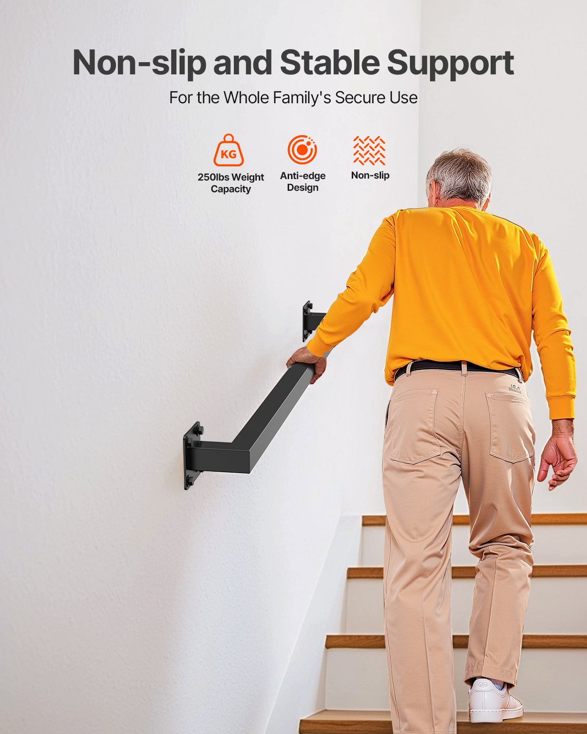 Wall Mounted Stair Handrail, 4ft Black Iron Staircase Handrail Indoor, 250lbs Load Capacity, Industrial Railing Hand Rail for Steps, Square Tube for Loft Porch Deck, 2 Sections