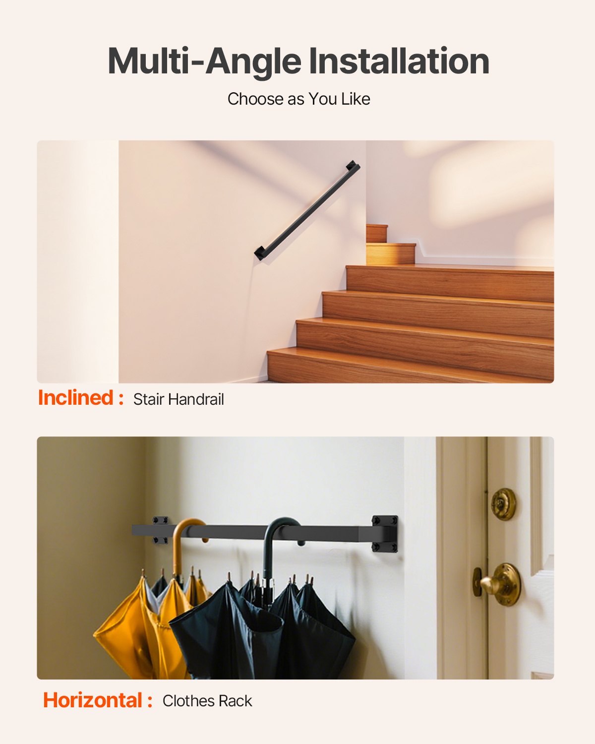 Wall Mounted Stair Handrail, 4ft Black Iron Staircase Handrail Indoor, 250lbs Load Capacity, Industrial Railing Hand Rail for Steps, Square Tube for Loft Porch Deck, 2 Sections