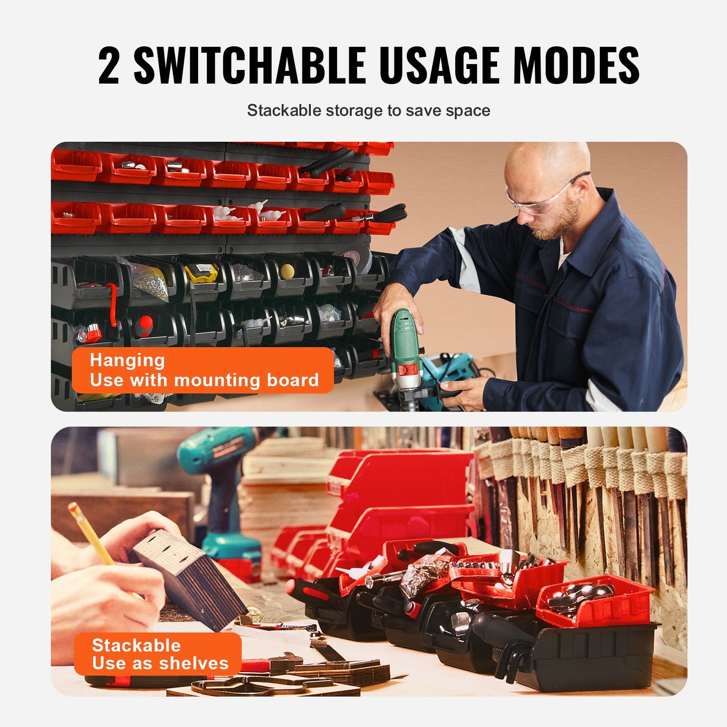 Väggmonterade förvaringskärl, 48-fack för delar Rack Organizer Garage Plast Shop Tool med väggpaneler, Tool Organizer för muttrar, bultar, skruvar, spikar, pärlor, knappar, andra smådelar, svart och röd