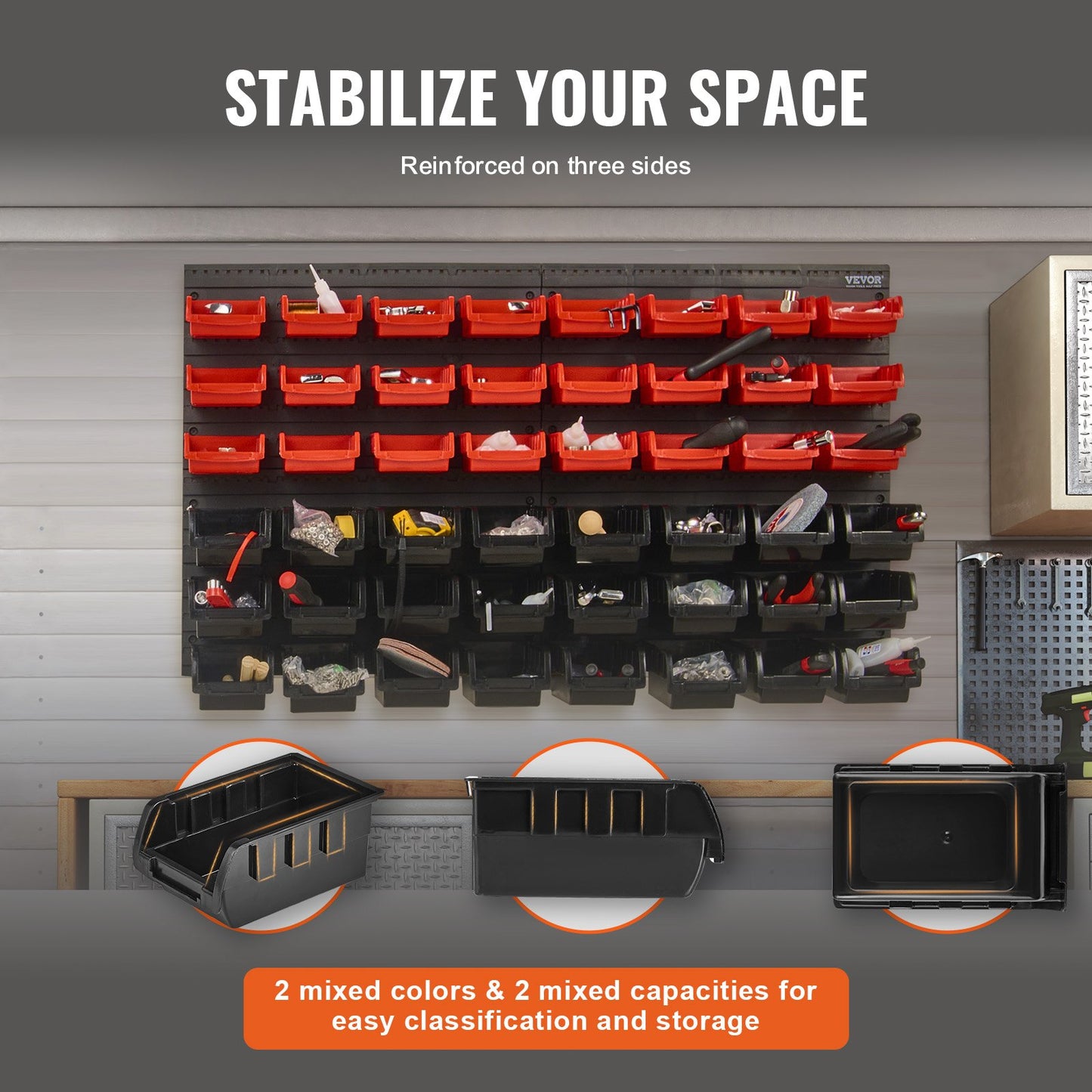 Wall Mounted Storage Bins, 48-Bin Parts Rack Organizer Garage Plastic Shop Tool with Wall Panels, Tool Organizer for Nuts, Bolts, Screws, Nails, Beads, Buttons, Other Small Parts, Black and Red