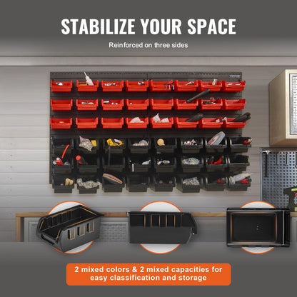 Wall Mounted Storage Bins, 48-Bin Parts Rack Organizer Garage Plastic Shop Tool with Wall Panels, Tool Organizer for Nuts, Bolts, Screws, Nails, Beads, Buttons, Other Small Parts, Black and Red