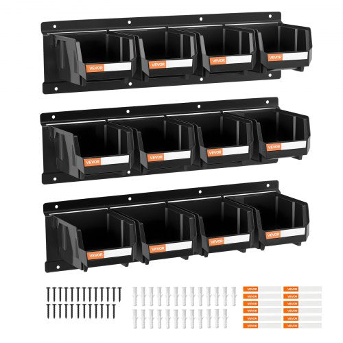 Wall Mounted Storage Bins, 12 Plastic Bins & 3 Metal Rails, Plastic Hanging Stackable Storage Bin for Screws, Nuts, Bolts, Nails, Hardware Tool Organizer for Workshop, Craft Room, Garage, Black