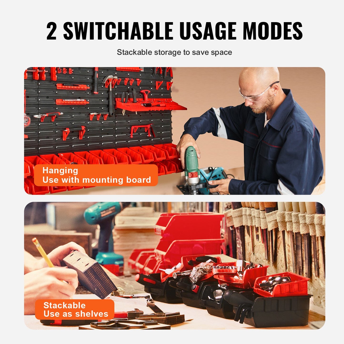 Wall Mounted Storage Bins, 30-Bin Parts Rack Organizer Garage Plastic Shop Tool with Wall Panels/Tool Holders/Hooks, Tool Organizer for Nuts, Bolts, Screws, Nails, Beads, Buttons, Black and Red