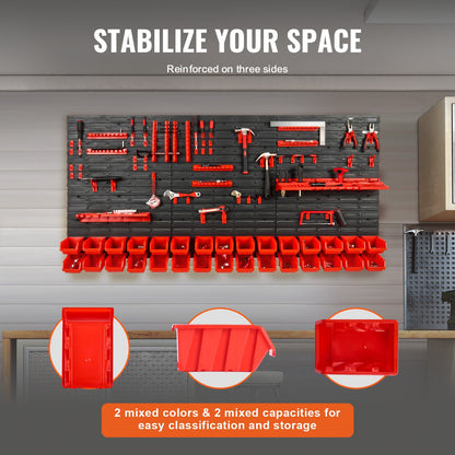 Wall Mounted Storage Bins, 30-Bin Parts Rack Organizer Garage Plastic Shop Tool with Wall Panels/Tool Holders/Hooks, Tool Organizer for Nuts, Bolts, Screws, Nails, Beads, Buttons, Black and Red