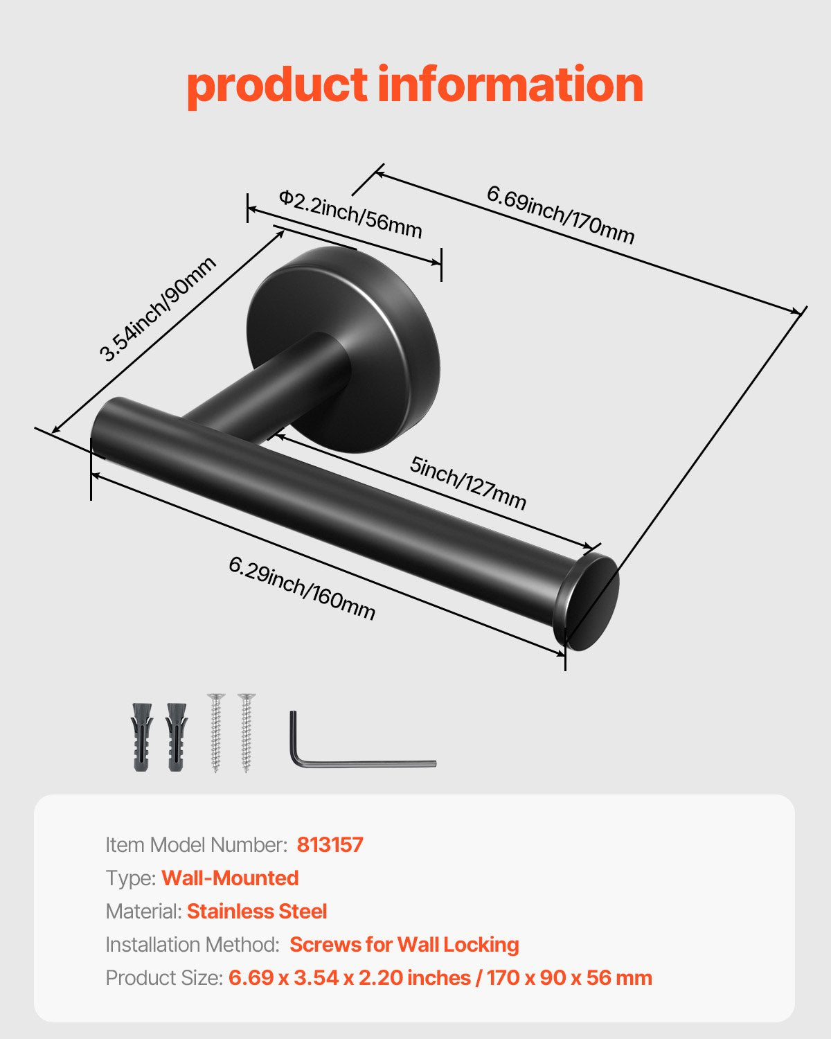 Toilet Paper Holder, Fits Mega Rolls Size, Premium Stainless Steel Rustproof Material, Wall Mounted with Screws, Toilet Roll Tissue Holder for Bathroom, Washroom, Kitchen, Matte Black