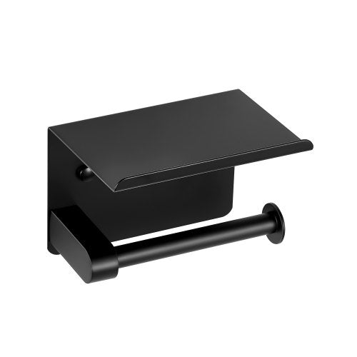 Toilet Paper Holder with Shelf, Fits Mega Rolls Size, Stainless Steel Rustproof Material, Wall Mounted with Screws and Double-Sided Tape, Toilet Roll Tissue Holder for Bathroom, Matte Black