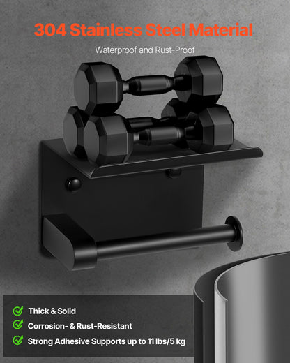 Toilet Paper Holder with Shelf, Fits Mega Rolls Size, Stainless Steel Rustproof Material, Wall Mounted with Screws and Double-Sided Tape, Toilet Roll Tissue Holder for Bathroom, Matte Black