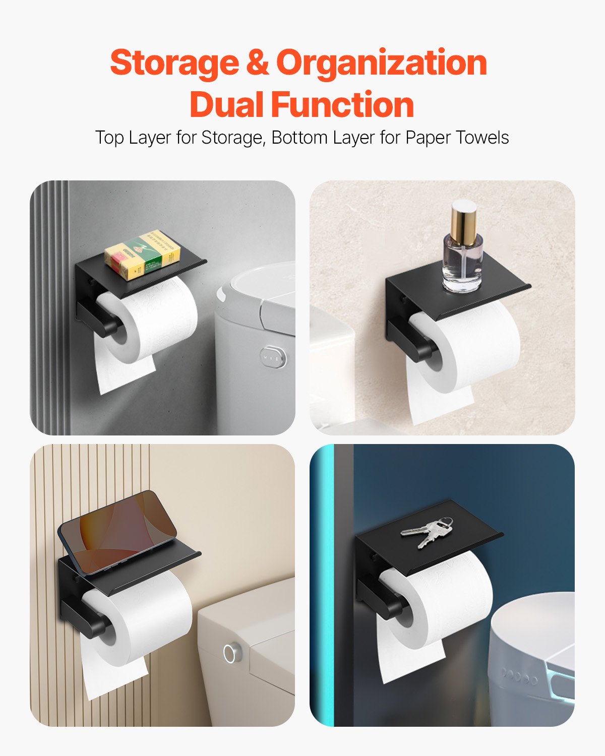 Toilet Paper Holder with Shelf, Fits Mega Rolls Size, Stainless Steel Rustproof Material, Wall Mounted with Screws and Double-Sided Tape, Toilet Roll Tissue Holder for Bathroom, Matte Black