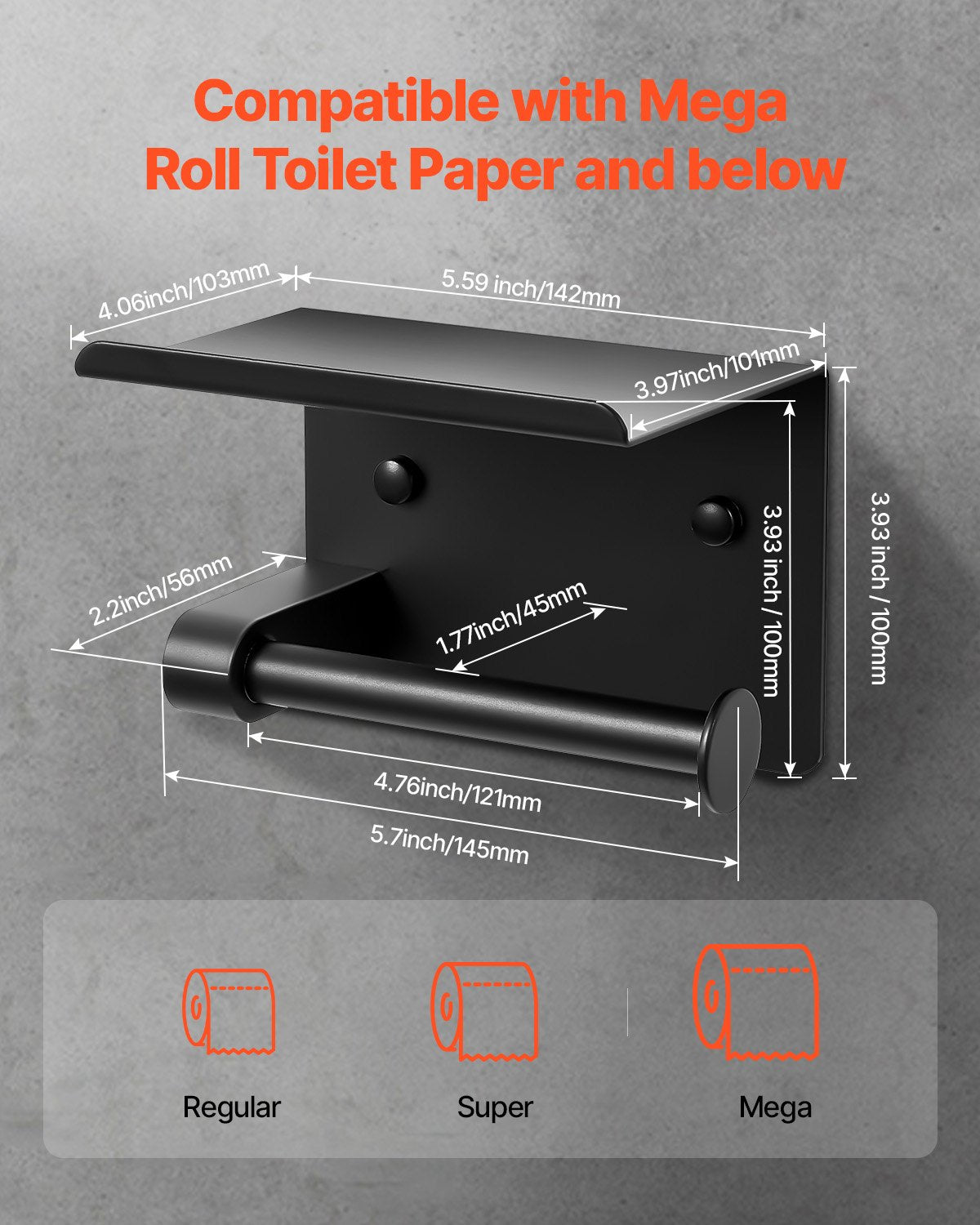 Toilet Paper Holder with Shelf, Fits Mega Rolls Size, Stainless Steel Rustproof Material, Wall Mounted with Screws and Double-Sided Tape, Toilet Roll Tissue Holder for Bathroom, Matte Black