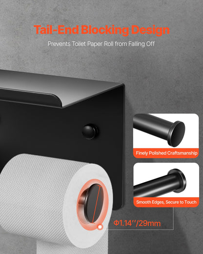 Toilet Paper Holder with Shelf, Fits Mega Rolls Size, Stainless Steel Rustproof Material, Wall Mounted with Screws and Double-Sided Tape, Toilet Roll Tissue Holder for Bathroom, Matte Black