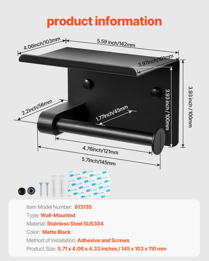 Toilet Paper Holder with Shelf, Fits Mega Rolls Size, Stainless Steel Rustproof Material, Wall Mounted with Screws and Double-Sided Tape, Toilet Roll Tissue Holder for Bathroom, Matte Black