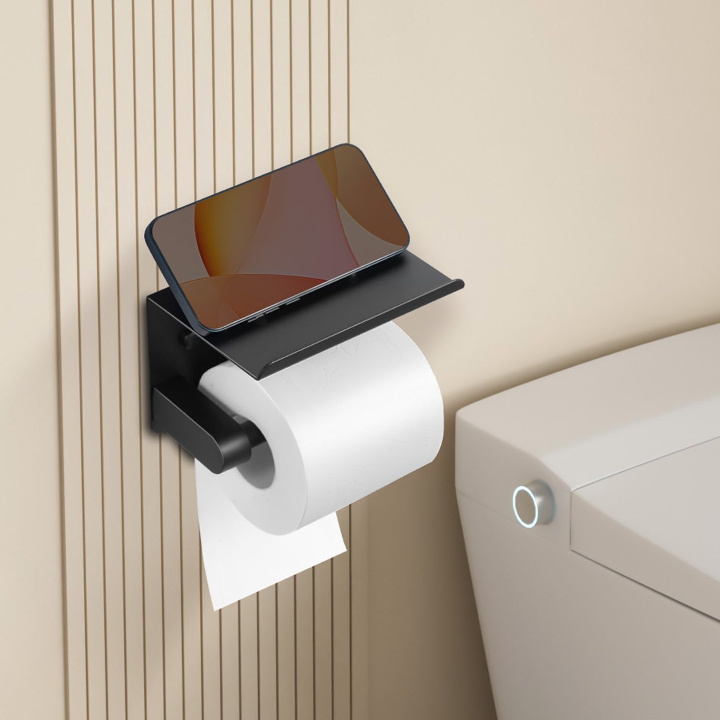 Toilet Paper Holder with Shelf, Fits Mega Rolls Size, Stainless Steel Rustproof Material, Wall Mounted with Screws and Double-Sided Tape, Toilet Roll Tissue Holder for Bathroom, Matte Black