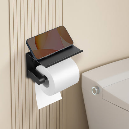 Toilet Paper Holder with Shelf, Fits Mega Rolls Size, Stainless Steel Rustproof Material, Wall Mounted with Screws and Double-Sided Tape, Toilet Roll Tissue Holder for Bathroom, Matte Black