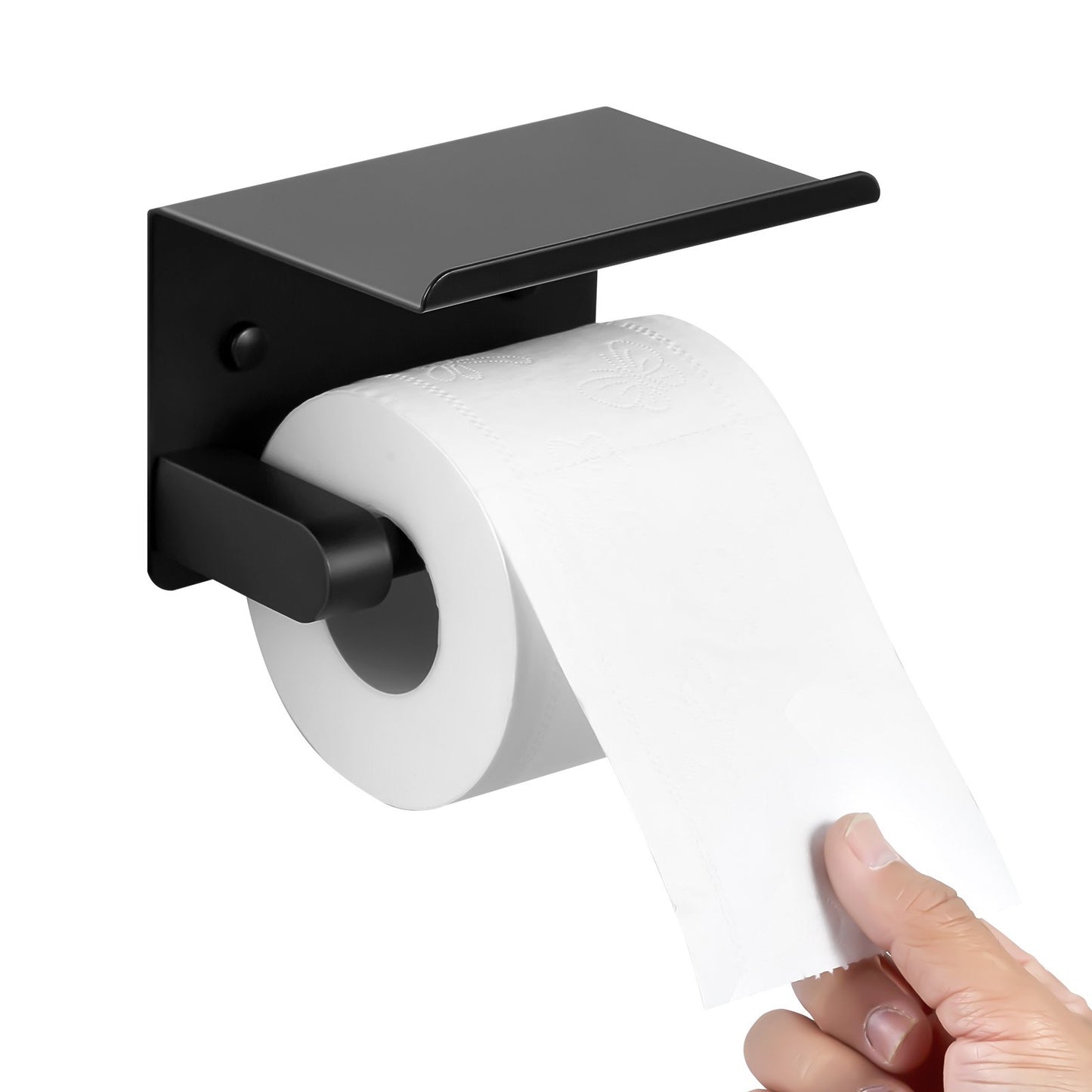 Toilet Paper Holder with Shelf, Fits Mega Rolls Size, Stainless Steel Rustproof Material, Wall Mounted with Screws and Double-Sided Tape, Toilet Roll Tissue Holder for Bathroom, Matte Black