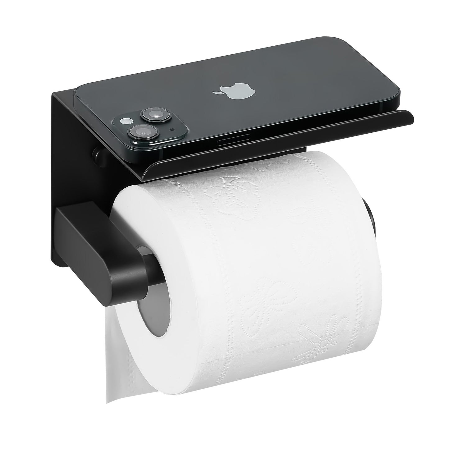Toilet Paper Holder with Shelf, Fits Mega Rolls Size, Stainless Steel Rustproof Material, Wall Mounted with Screws and Double-Sided Tape, Toilet Roll Tissue Holder for Bathroom, Matte Black