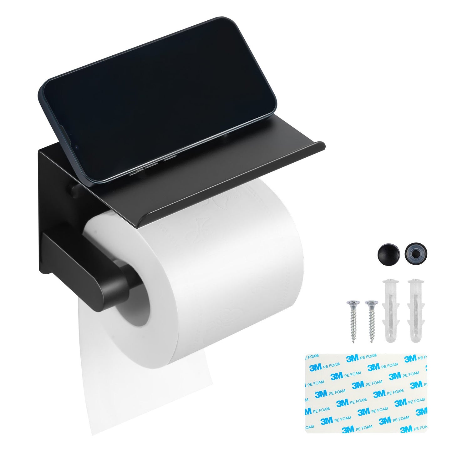 Toilet Paper Holder with Shelf, Fits Mega Rolls Size, Stainless Steel Rustproof Material, Wall Mounted with Screws and Double-Sided Tape, Toilet Roll Tissue Holder for Bathroom, Matte Black