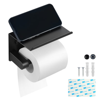 Toilet Paper Holder with Shelf, Fits Mega Rolls Size, Stainless Steel Rustproof Material, Wall Mounted with Screws and Double-Sided Tape, Toilet Roll Tissue Holder for Bathroom, Matte Black