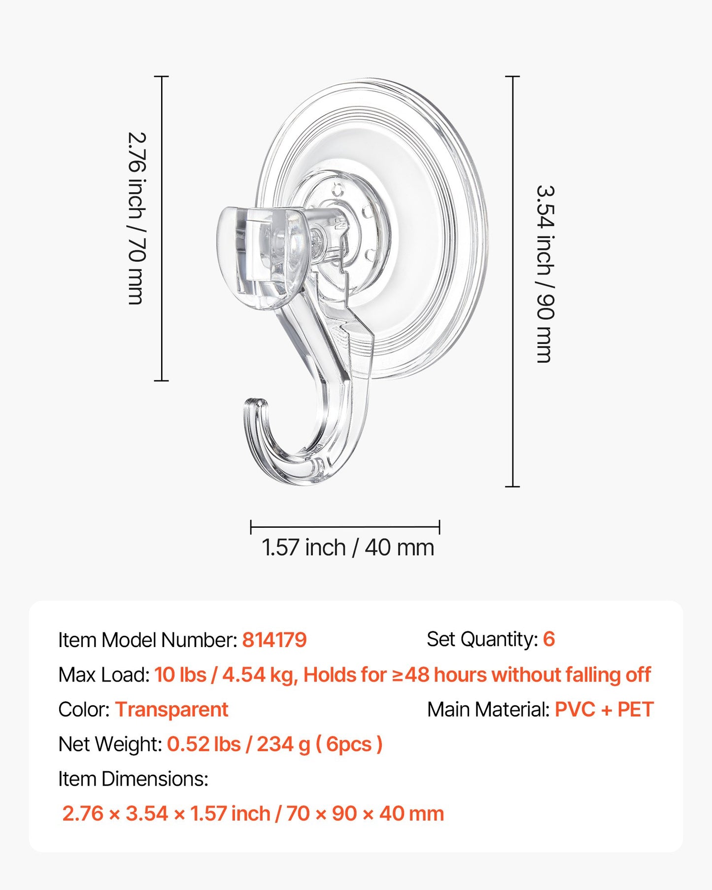 Suction Cup Hooks 6 Pack, 2.76 x 3.54 x 1.57 inch, 10 LBS Max Load Clear Shower Suction Cups, Strong and Reusable Heavy Duty Wall Holder, for Loofah, Towel, Glass, Window, Kitchen, Bathroom