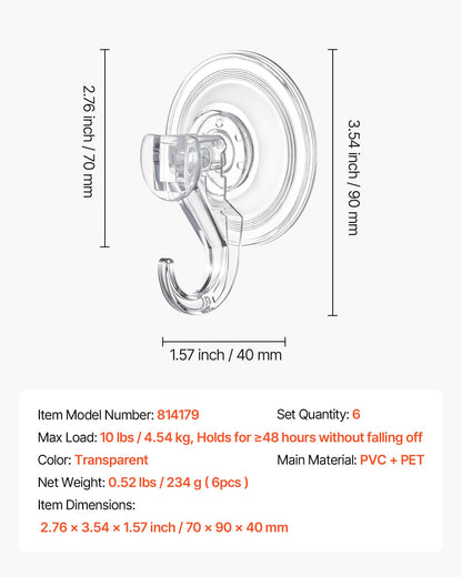 Suction Cup Hooks 6 Pack, 2.76 x 3.54 x 1.57 inch, 10 LBS Max Load Clear Shower Suction Cups, Strong and Reusable Heavy Duty Wall Holder, for Loofah, Towel, Glass, Window, Kitchen, Bathroom