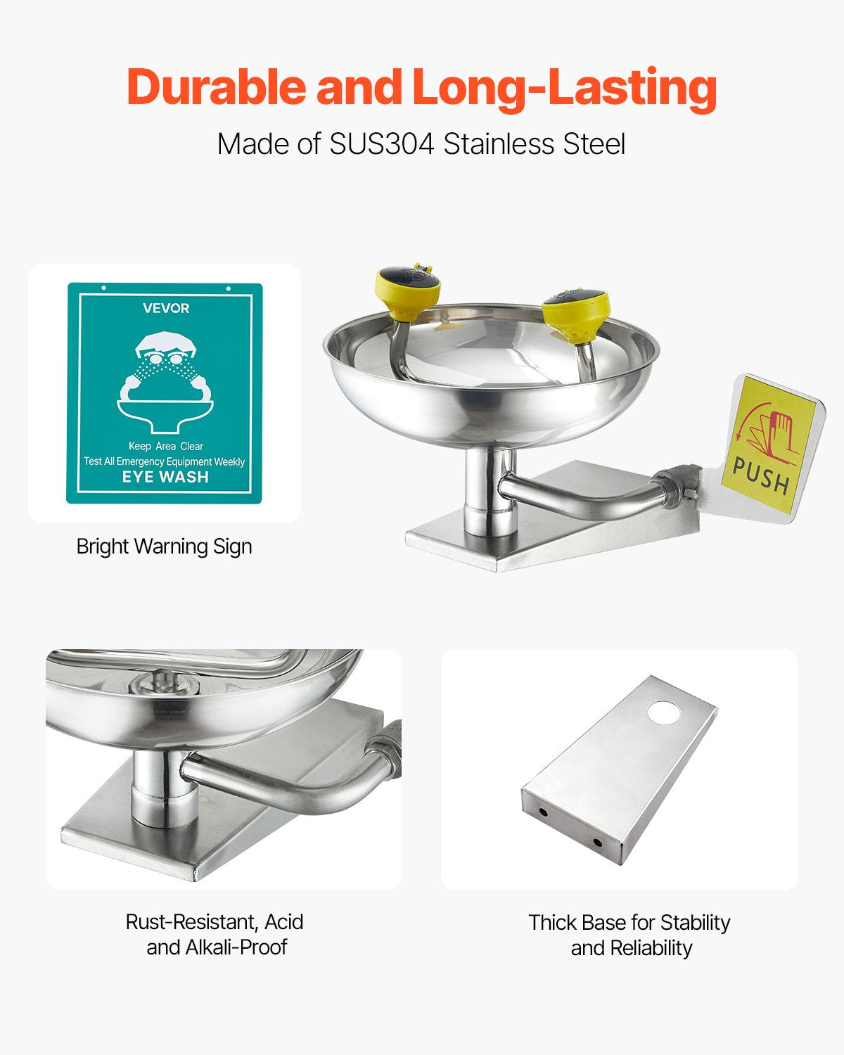 Emergency Eye Wash Station, Stainless Steel Wall-Mounted Eyewash Unit, First Aid Eye Wash Sink 16.14 x 12.99 x 9.45 Inches, Ideal for Laboratories, Factories, Schools, Construction Sites