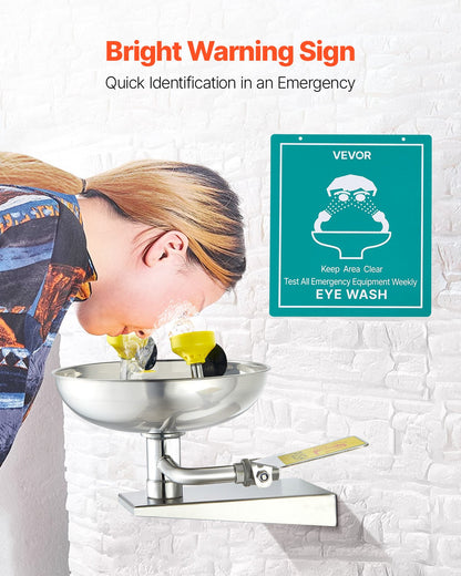 Emergency Eye Wash Station, Stainless Steel Wall-Mounted Eyewash Unit, First Aid Eye Wash Sink 16.14 x 12.99 x 9.45 Inches, Ideal for Laboratories, Factories, Schools, Construction Sites