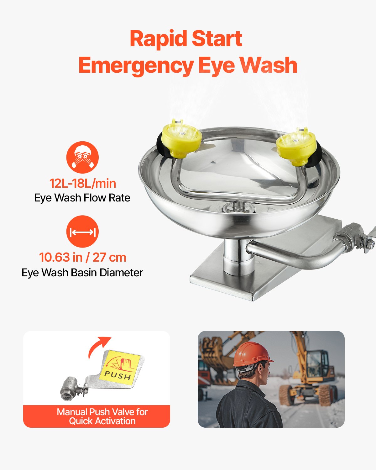 Emergency Eye Wash Station, Stainless Steel Wall-Mounted Eyewash Unit, First Aid Eye Wash Sink 16.14 x 12.99 x 9.45 Inches, Ideal for Laboratories, Factories, Schools, Construction Sites