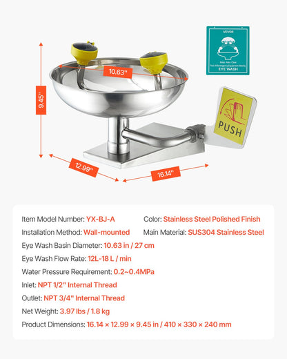 Emergency Eye Wash Station, Stainless Steel Wall-Mounted Eyewash Unit, First Aid Eye Wash Sink 16.14 x 12.99 x 9.45 Inches, Ideal for Laboratories, Factories, Schools, Construction Sites