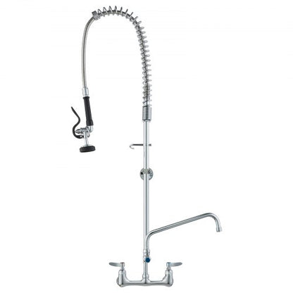 Wall-Mounted Kitchen Faucet, 47" Tall, 8" Apart, with 12" Rotating Spout and Pre-Rinse Spray, Brass Build, Pull-Down Feature for Multi-Compartment Sinks