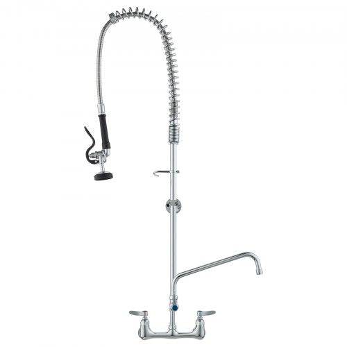Wall-Mounted Kitchen Faucet, 47" Tall, 8" Apart, with 12" Rotating Spout and Pre-Rinse Spray, Brass Build, Pull-Down Feature for Multi-Compartment Sinks